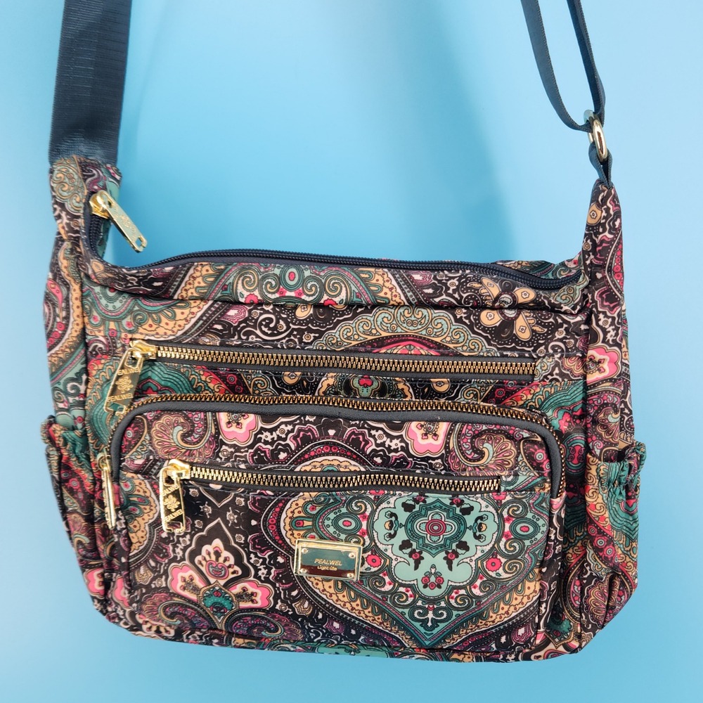 Pealwel Paisley Crossbody Shoulder Bag Multicolor Nylon Multi Pocket Purse